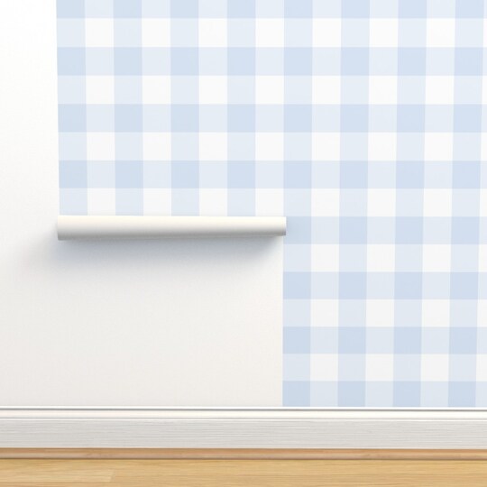 Blue Pastel Buffalo Pale Picnic Gingham Checkered Tartan Plaid Country Cottage Farmhouse Custom Pre-pasted Wallpaper by Spoonflower Pre-Pasted Wallpaper 2FT Wide